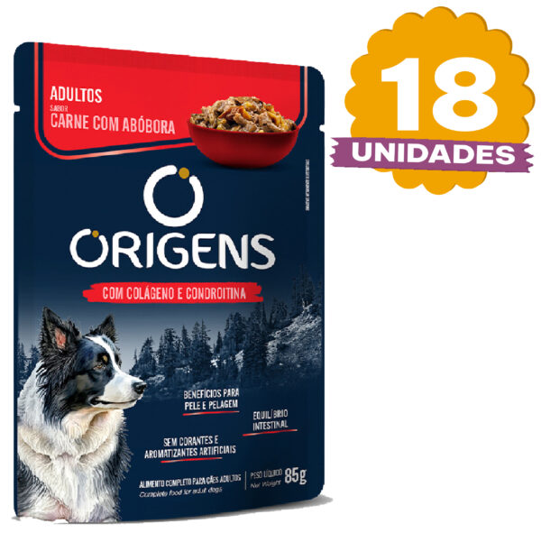Pouch Origens Perro Adulto Sabor Carne Y Calabaza 85gr x 18