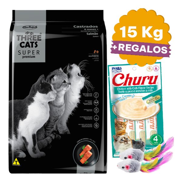 Alimento Three Cats Super Premium Castrado 15 Kg + Obsequio - Imagen 2