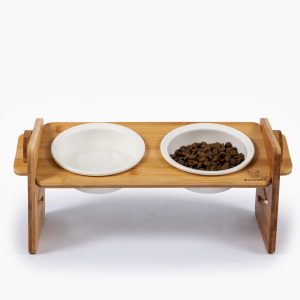 Comedero Doble Ajustable Bambú Y Ceramica