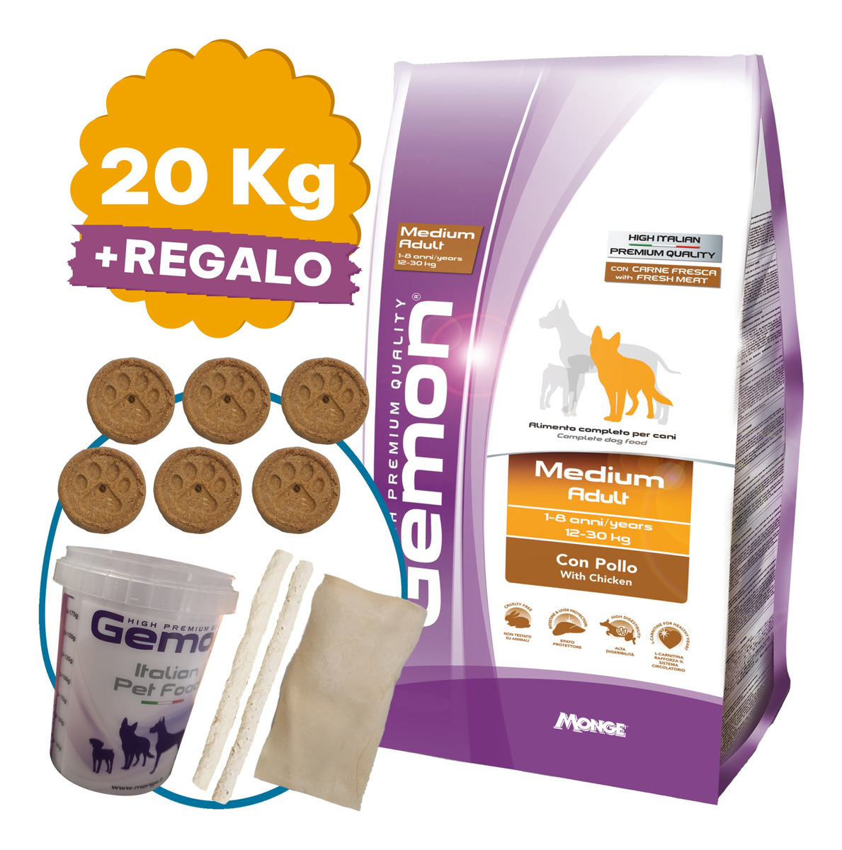 Gemon High Premium Perro Adulto Raza Mediana 20 Kg + Regalo