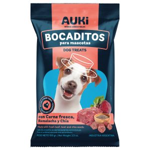 Snack Auki Bocaditos Para Perro Carne, Remolacha Y Chía 100g